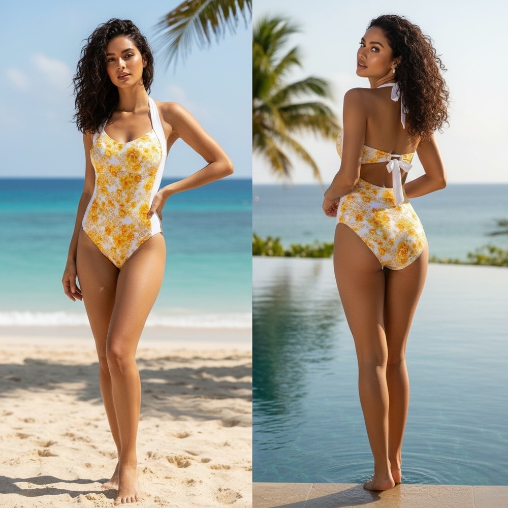 Lands' End White One-Piece Swimsuit with Yellow Floral Print